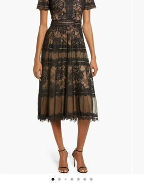 Tadashi Shoji Black Lace Midi Skirt with Nude Underlay